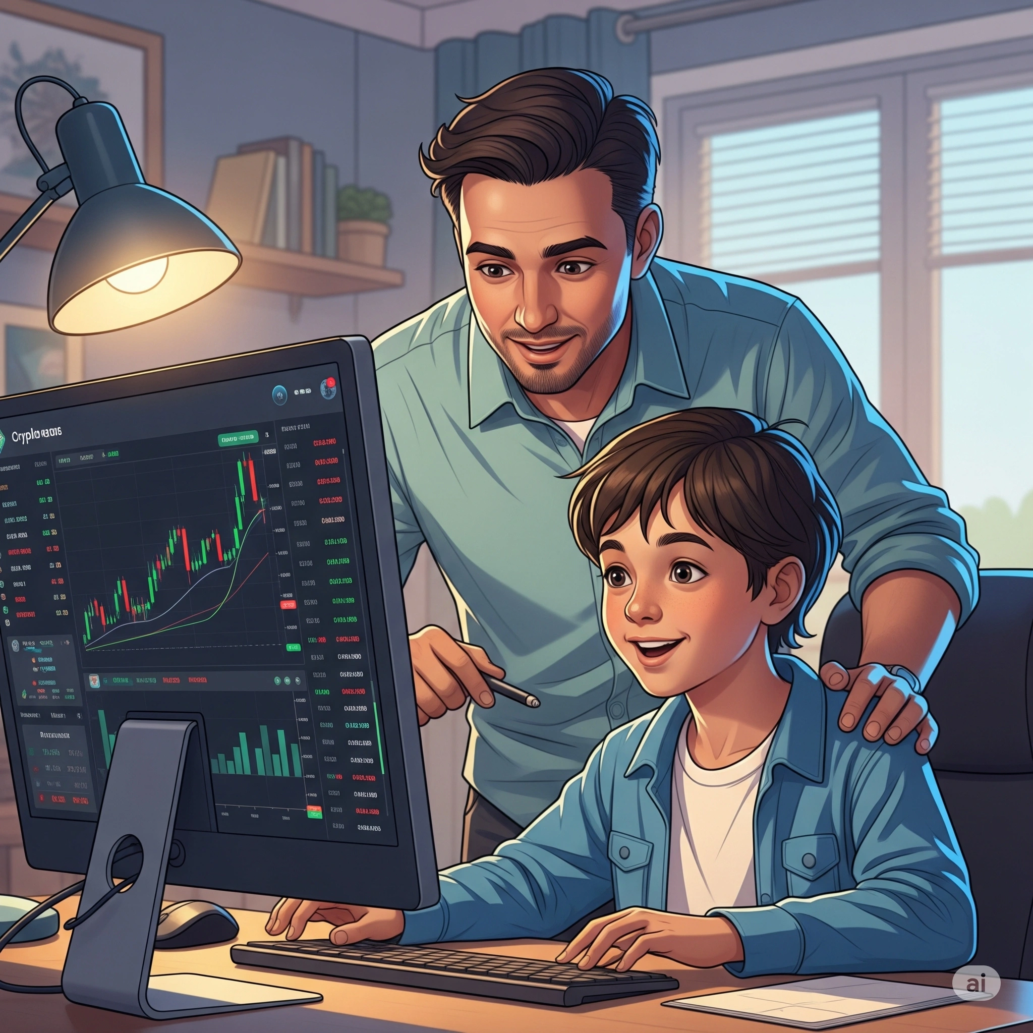 A parent and a teenager looking at a crypto chart on a phone together